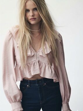 Women’s powder Pink Flounced Ruffle V-Neck Long Sleeve Top